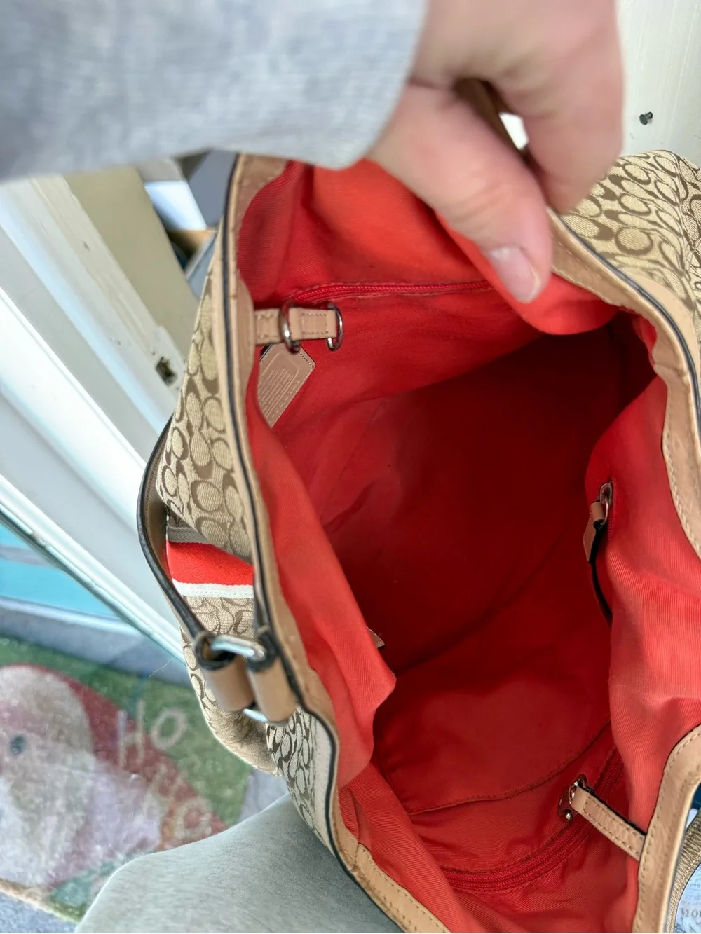 Coach Beige Signature Tote with Red Stripe Accents